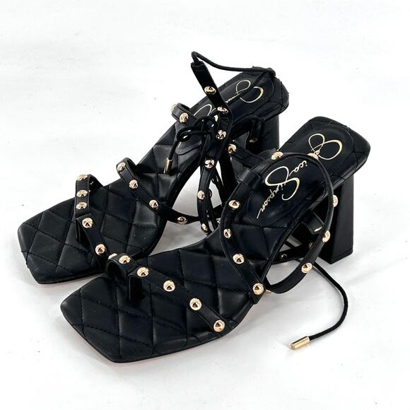 Jessica Simpson Zayve Heels 6 Black NWOT Sandals Gold Stud Square Toe Concert - Picture 4 of 10